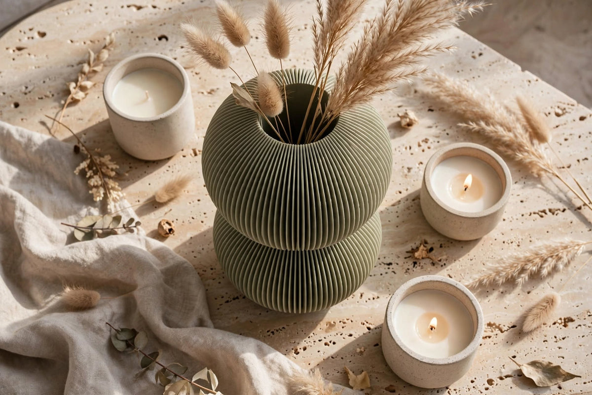 Double bubble muted green vase filled with dried pampas grass and bunny tails, surrounded by three lit candles