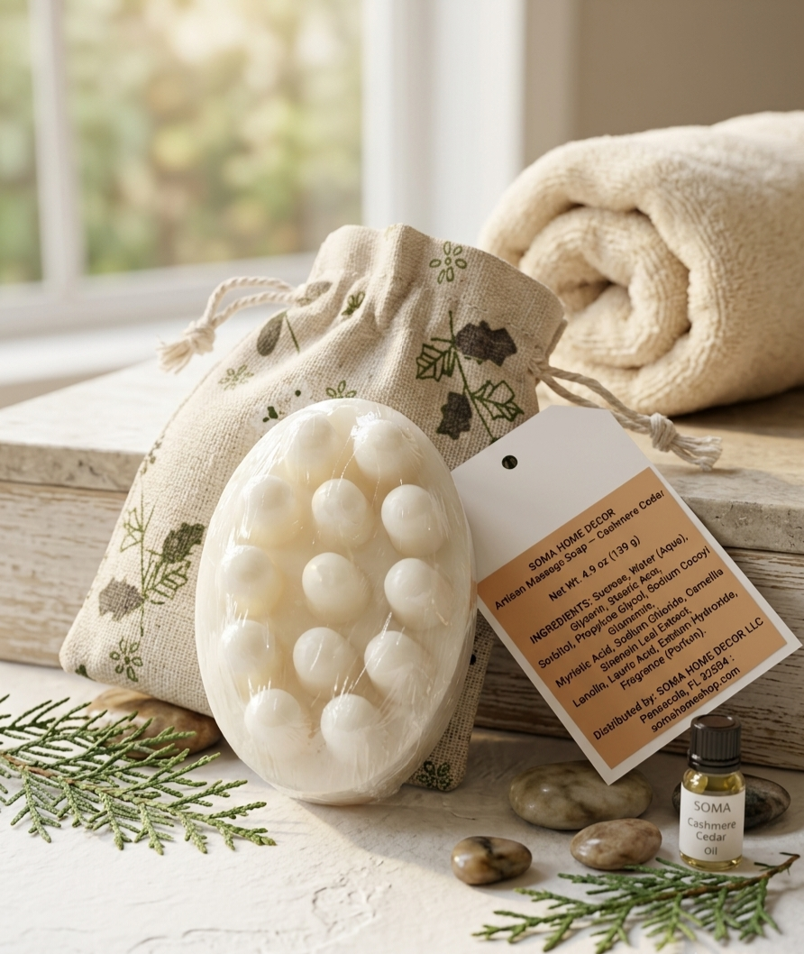 A white oval hand scrubber with raised nubs, shown with a beige botanical drawstring pouch, a product tag, a small bottle of carrier oil, stones, and greenery on a rustic tabletop. A rolled towel and soft window light are in the background.