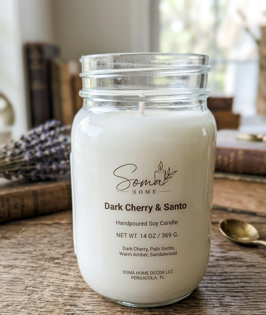 A handpoured soy candle in a clear glass mason jar with a white wax fill, labeled 'Somal Home Dark Cherry & Santo'. The candle is set on a rustic wooden table with a blurred background of books, lavender, and a brass spoon.