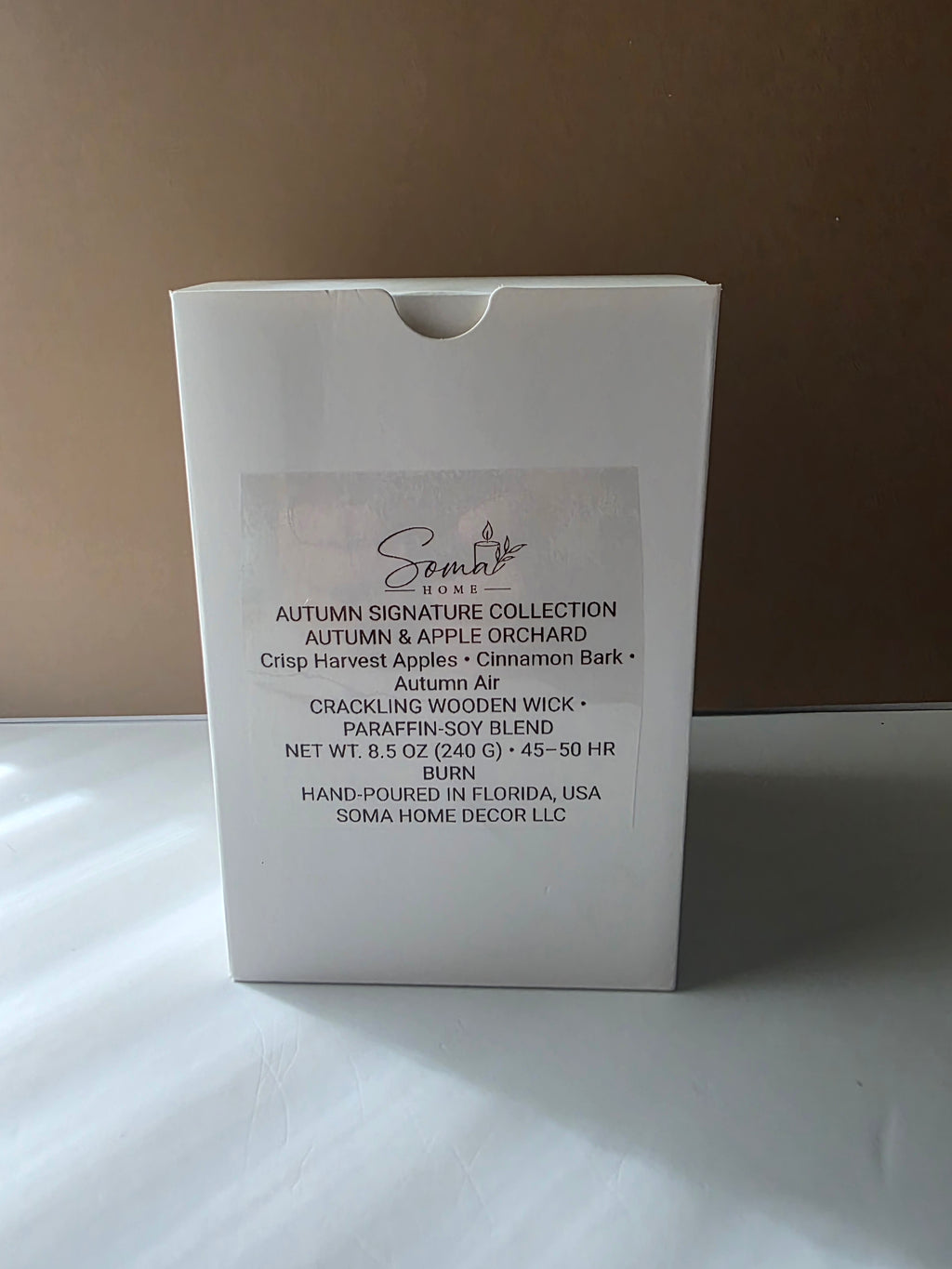 Soma Home Decor autumn scented wooden wick candle packaged in luxury white gift box