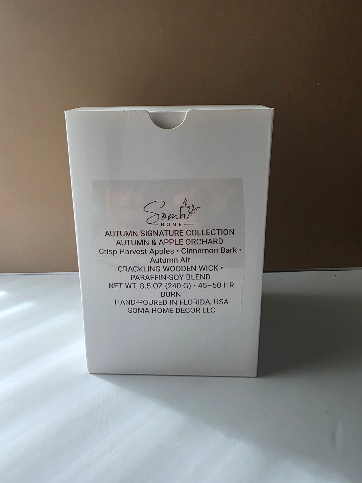 Soma Home Decor autumn scented wooden wick candle packaged in luxury white gift box