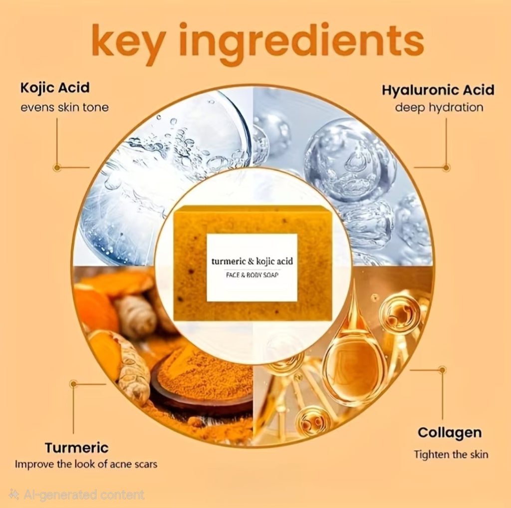 An infographic titled 'key ingredients' showing a central bar of face and body soap surrounded by four labeled ingredient panels: Kojic Acid, Hyaluronic Acid, Turmeric, and Collagen. The soap bar is orange-yellow with white text, and the surrounding graphics use orange, gold, and icy blue tones to represent the ingredients.