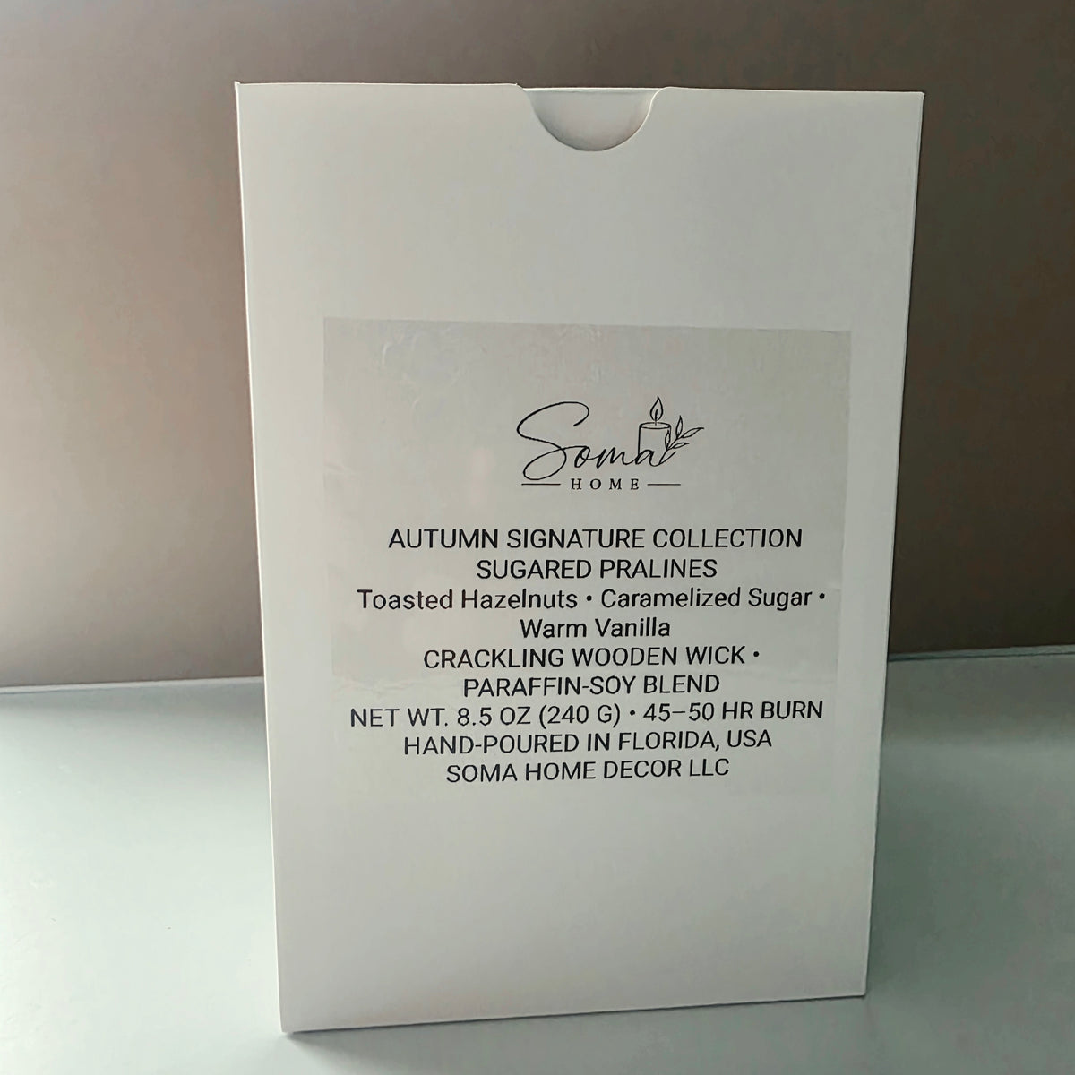 Soma Home Decor autumn scented wooden wick candle packaged in luxury white gift box