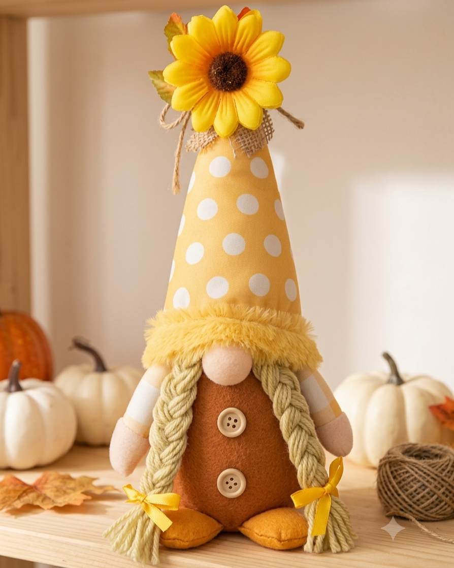 Handcrafted Autumn Sunflower Gnome Plush – Fall Harvest & Thanksgiving Tiered Tray Decor - alternate view