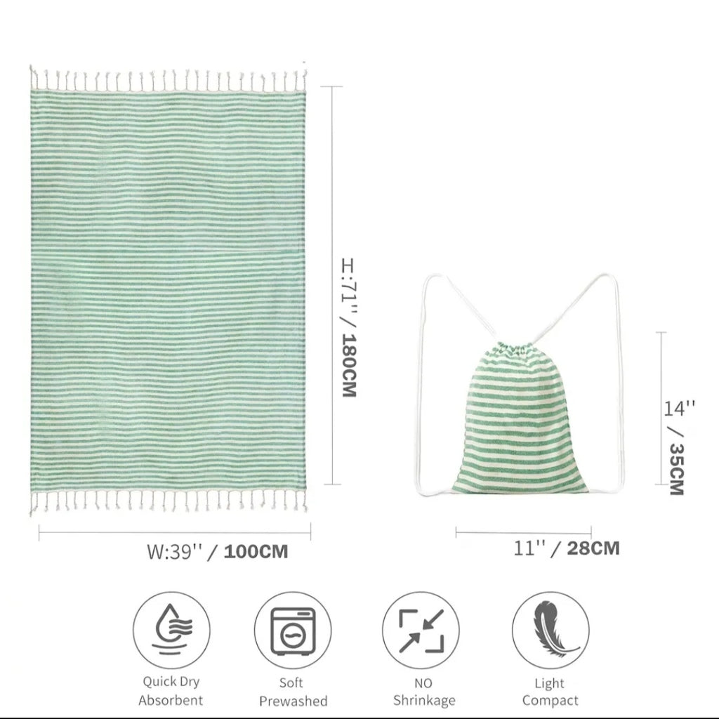 Green Turkish peshtemal towel size guide: 39 by 71 inch towel with tassels and 11 by 14 inch drawstring bag, quick dry, prewashed, no shrinkage, light and compact