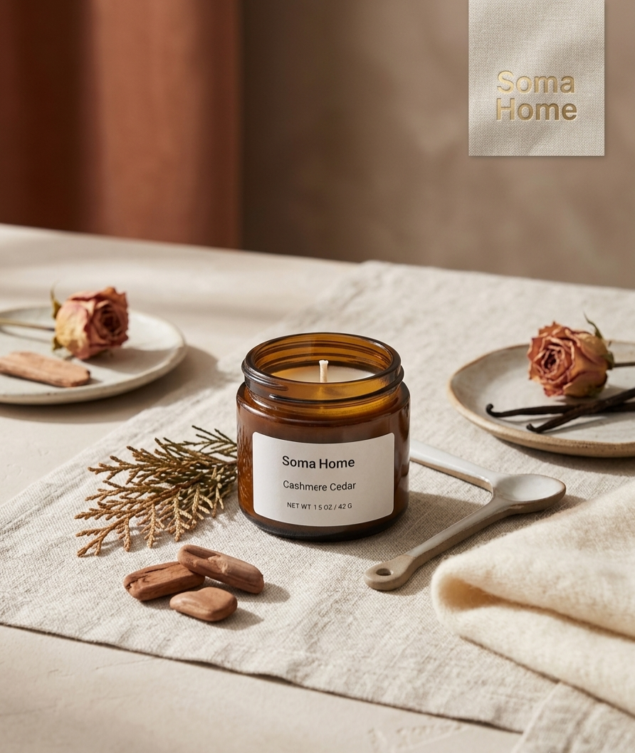 An amber glass jar candle labeled Soma Home Calmiverde Cedar is styled on a linen table runner with dried roses, a spoon, and small plates in a warm neutral setting.