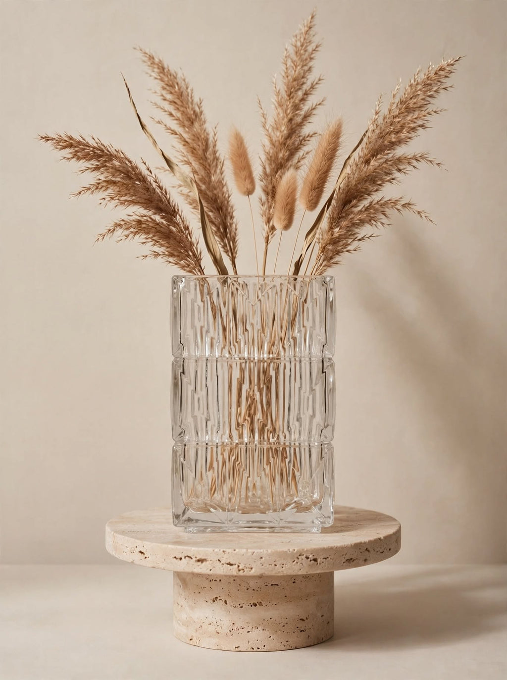 Clear square glass vase with geometric ice-crackle texture displayed on a travertine pedestal