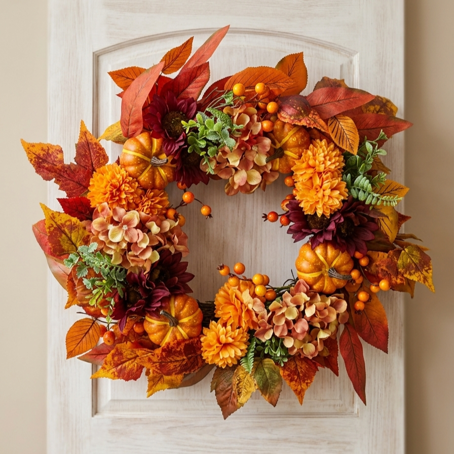 Autumn Harvest Floral Wreath – Fall Front Door Decor with Pumpkins, Sunflowers & Hydrangeas