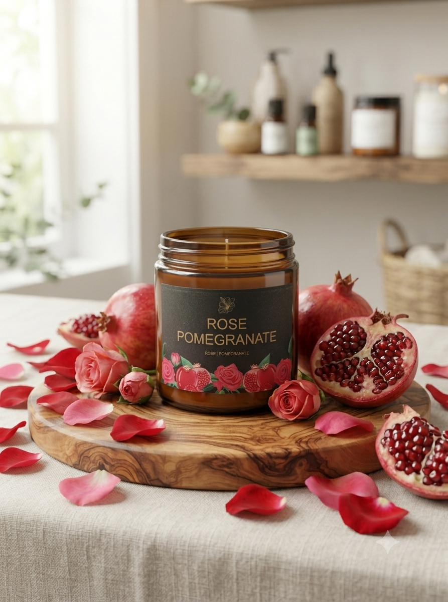 An amber glass jar candle labeled 'ROSE POMEGRANATE' sits on a round wooden board surrounded by pomegranates, rose petals, and pink roses in a softly lit kitchen setting.