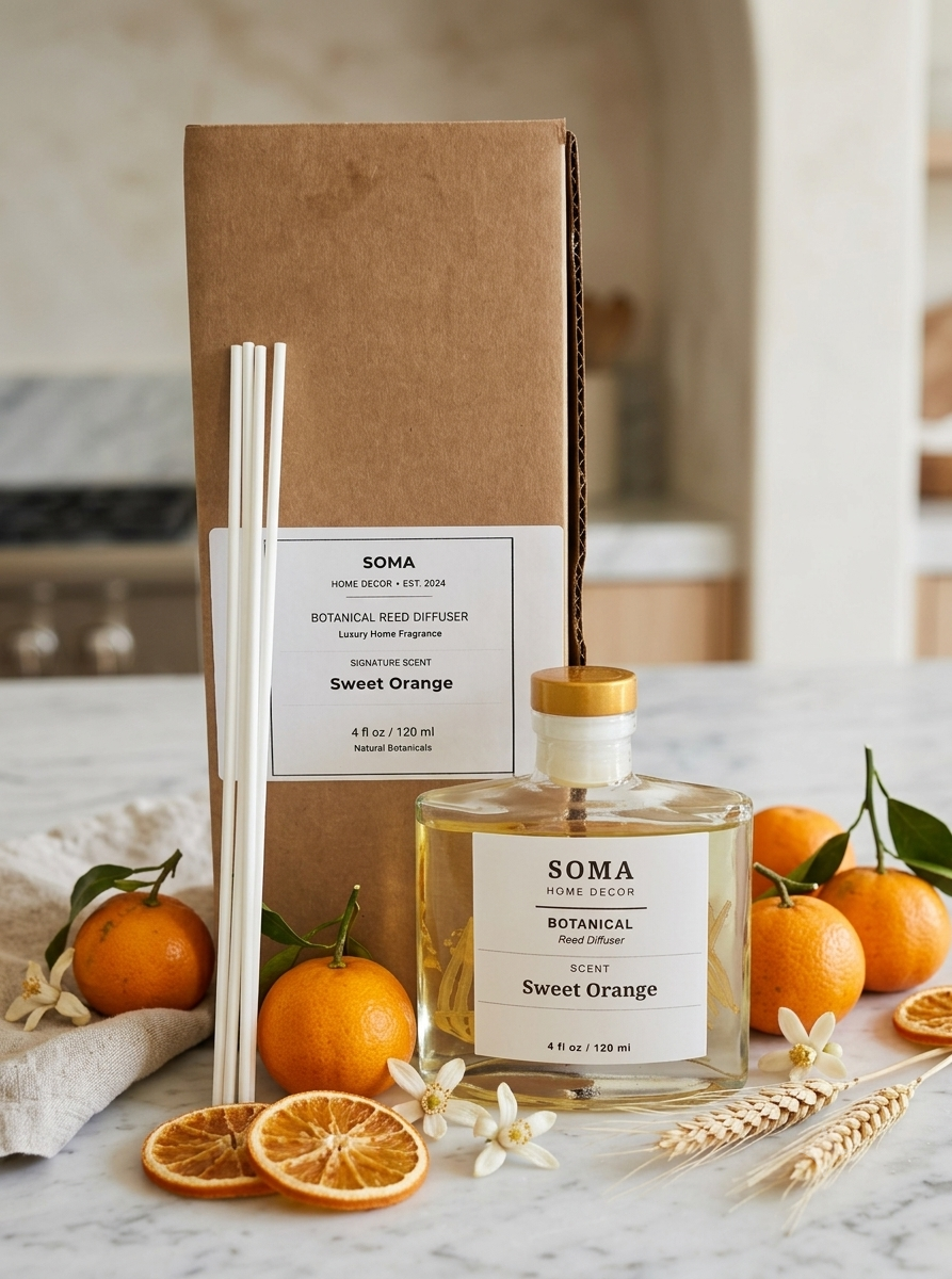 SOMA Sweet Orange reed diffuser set with a clear glass bottle, kraft paper box, and two white reeds, styled with oranges, dried orange slices, white flowers, and wheat on a marble surface.