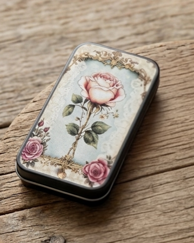 Vintage rose decorative metal matchbox tin with wooden safety matches next to a candle
