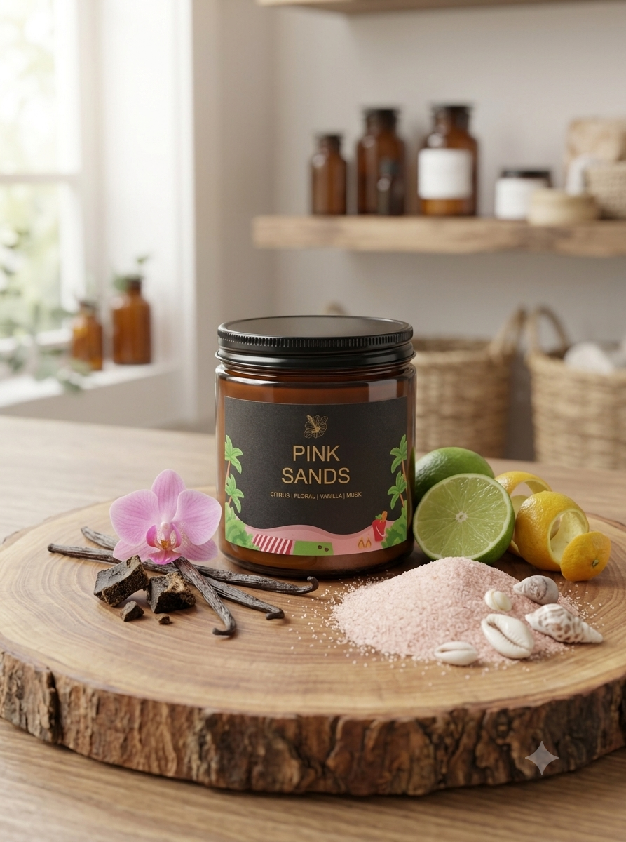 A jar of Pink Sands body salt sits on a rustic wooden slice, surrounded by pink salt, seashells, vanilla beans, a pink orchid, lime halves, and lemon wedges. The background shows a softly blurred warm-toned interior with shelves and bottles.
