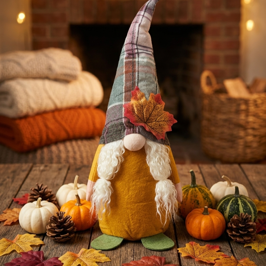 Handmade Autumn Gnome Plush Decor – Cozy Harvest & Thanksgiving Tabletop Figurine - detail view