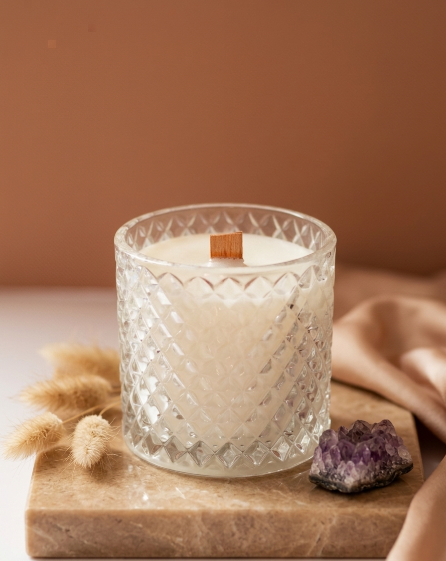 Hand-poured candle with a wooden wick in a crystal-cut glass jar on a neutral background
