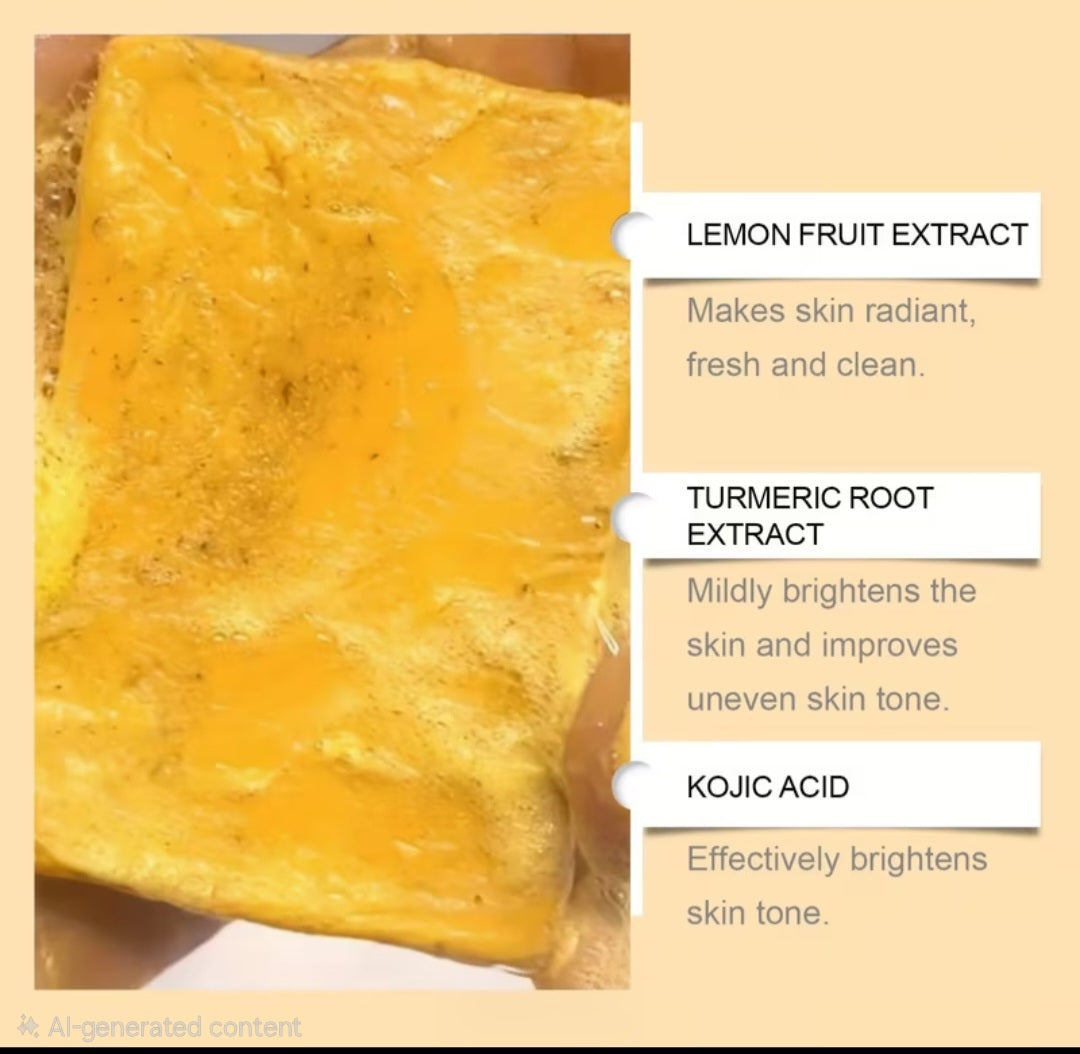 A close-up of a yellow-orange textured sheet or patch with text callouts reading 'LEMON FRUIT EXTRACT,' 'TURMERIC ROOT EXTRACT,' and 'KOJIC ACID,' plus descriptive claims about skin benefits. This is not a clean product shot and functions more like an informational graphic, so subject_type is Instruction Diagram rather than Product/Packaging.