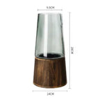 Tall glass vase on wooden base dimensions: 28 cm tall, 14 cm base, 9.5 cm opening