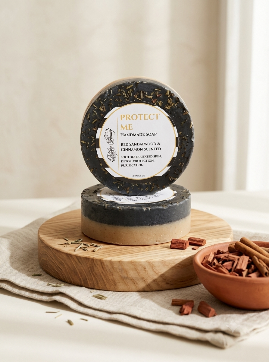 A round wheel of handmade soap labeled 'PROTECT ME' stands upright on a smaller cylindrical bar of the same soap, styled on a wooden board with cinnamon sticks and a small bowl in a softly lit indoor setting.