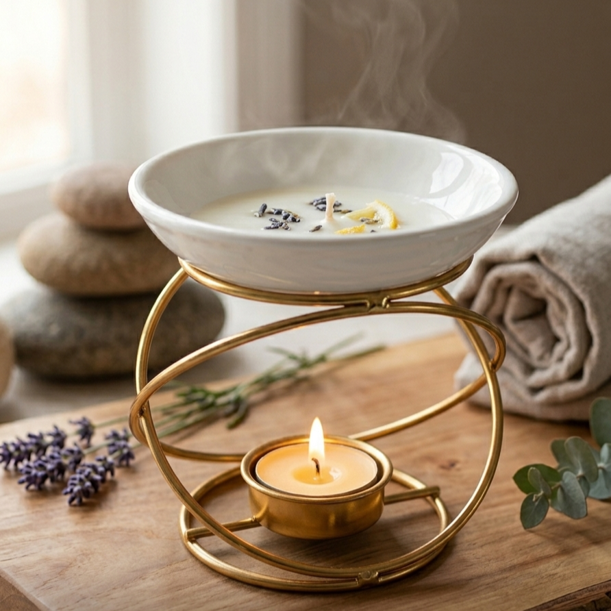 A white ceramic candle warmer bowl with a gold metal stand, shown lit with a small tealight candle inside. The setup is styled on a wooden surface with lavender sprigs, a rolled towel, and stacked stones in the background.