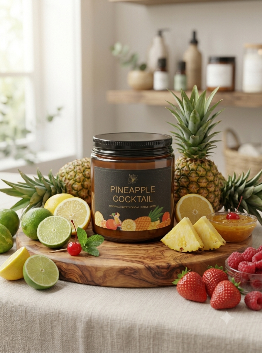 A jar labeled 'PINEAPPLE COCKTAIL' sits on a wooden board surrounded by pineapple, limes, lemons, strawberries, and raspberries in a bright kitchen setting.