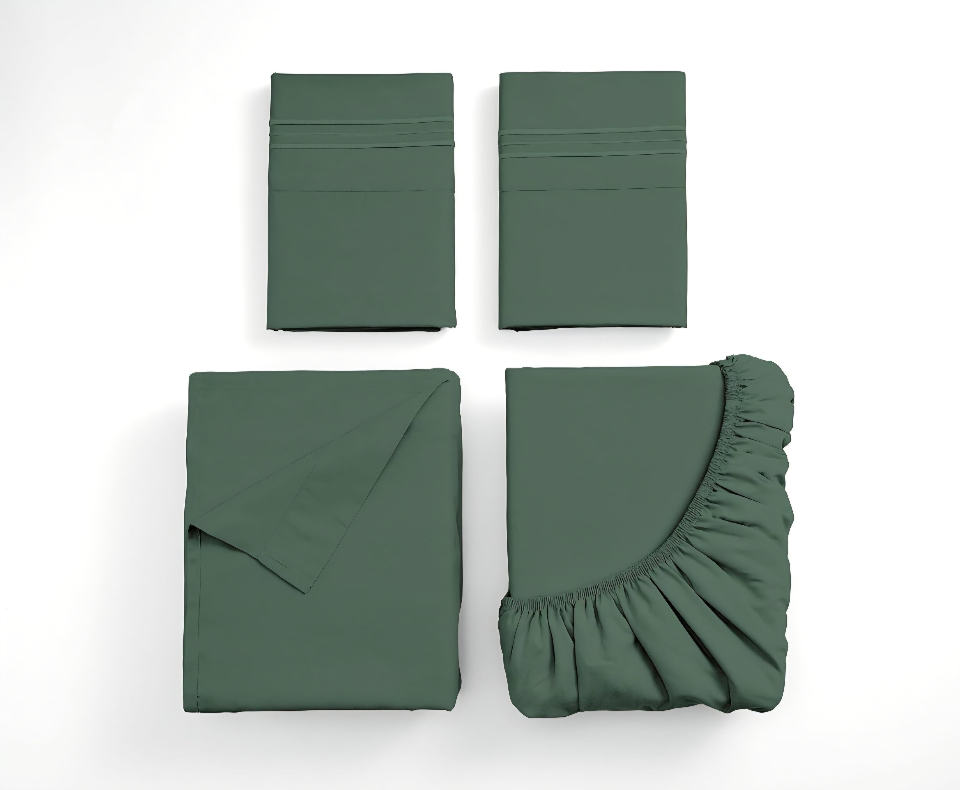 A set of folded bedding pieces in a muted sage green color, including two folded flat sheets or pillowcases, a folded fitted sheet with a ruffled edge, and a folded pillowcase, arranged on a clean white background.