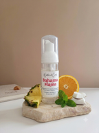 A clear pump bottle labeled 'Bahama Mama' by Wildwood Cares, styled on a stone slab with pineapple, an orange slice, mint, and white stones against a warm beige background.