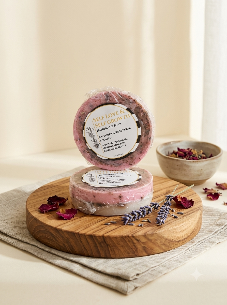 Two round bars of soap, one standing upright and one lying flat, displayed on a round wooden board with dried rose petals and lavender sprigs. A small bowl of dried petals sits in the background.
