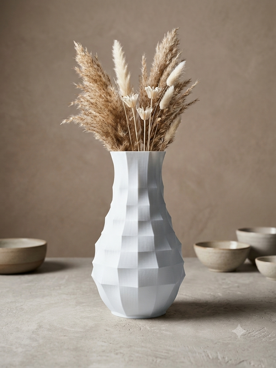 A white pla plasticnvase filled with dried pampas grass, set on a textured stone surface with neutral bowls in the background.