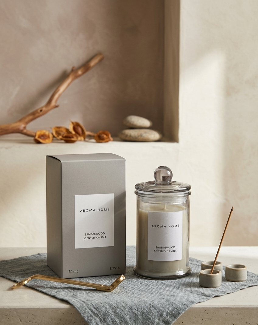 Aroma Home Sandalwood Smoke Candle shown with its gray packaging box, a glass jar candle with a glass lid.