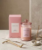 Pink scented candle in glass jar with lid box on linen fabric - Aroma Home Inenza for SOMA HOME DECOR