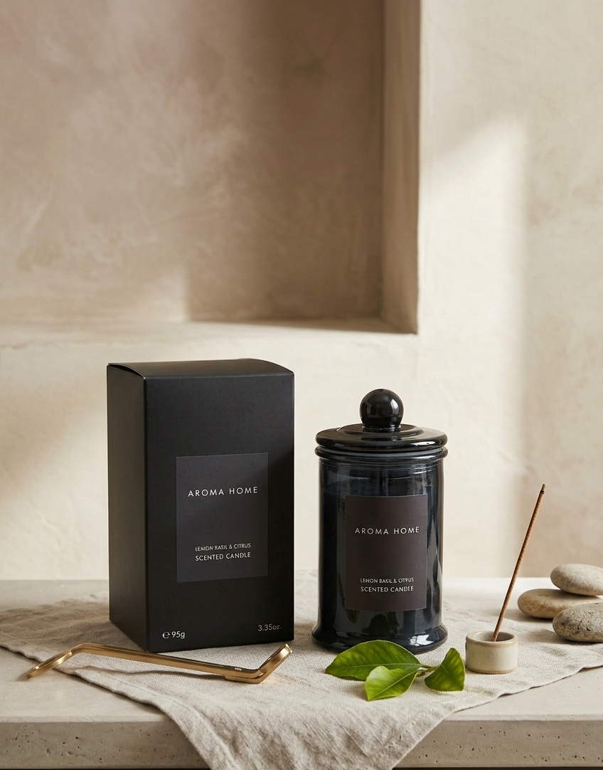 Black luxury scented candle in glass jar with black gift box - ArOMA HOME dark candle on natural linen