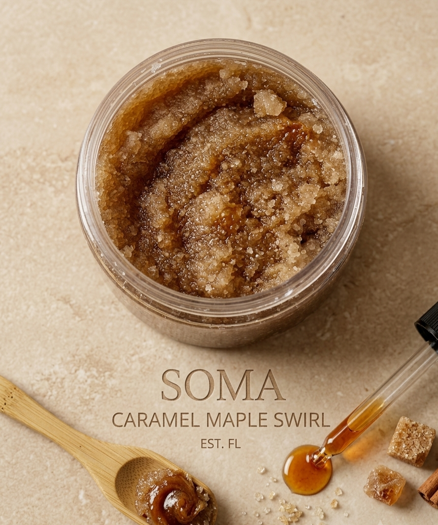 A clear round jar filled with a coarse brown scrub or mask sits on a beige stone-like surface. A wooden spoon with amber-brown product and a glass dropper with honey-like amber liquid are placed nearby, along with small brown sugar cubes.