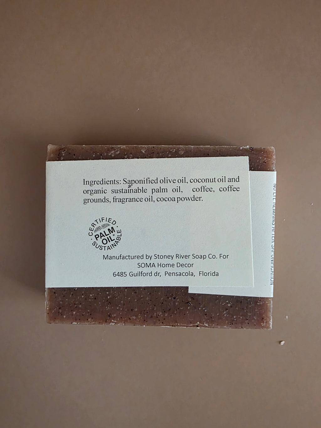 Back of SOMA Coffee Soap showing natural ingredients label-handmade soap ingredients list