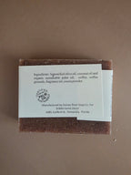 Back of SOMA Coffee Soap showing natural ingredients label-handmade soap ingredients list