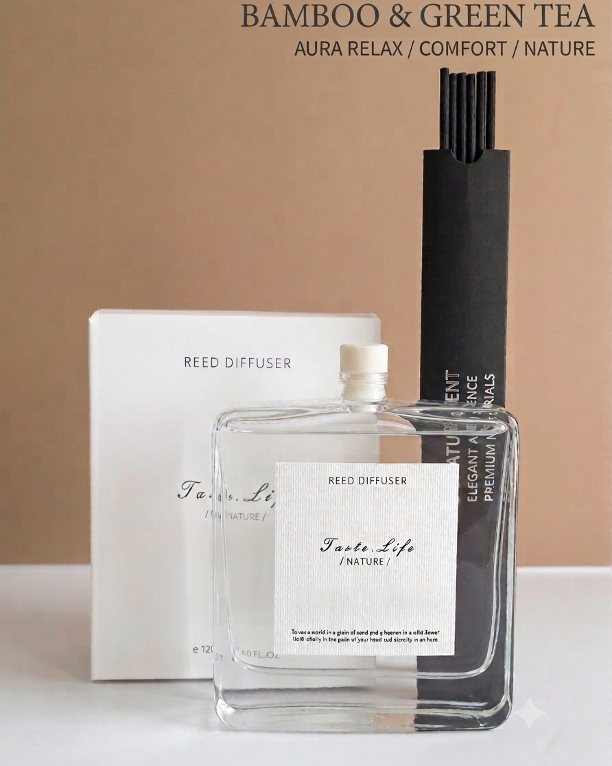 A clear glass reed diffuser bottle labeled 'Fae for Life / Nature' stands in front of a white box and a tall black reed holder, with text at the top reading 'BAMBOO & GREEN TEA' and 'AURA RELAX / COMFORT / NATURE'.