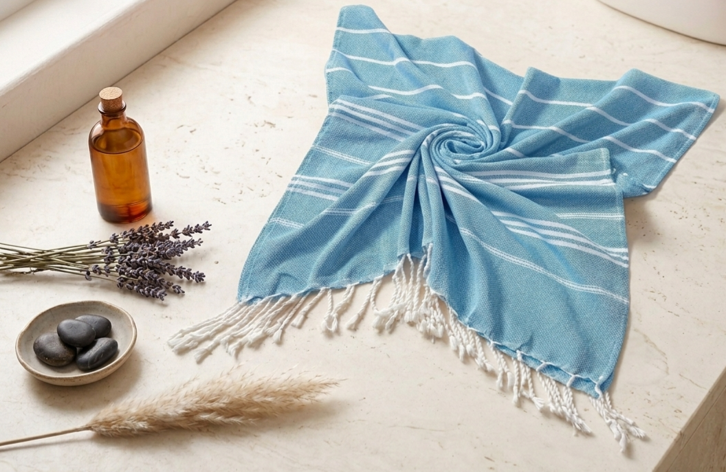 SOMA HOME Classic Turkish Striped Beach Towel in light blue with white stripes, styled with lavender and spa stones.