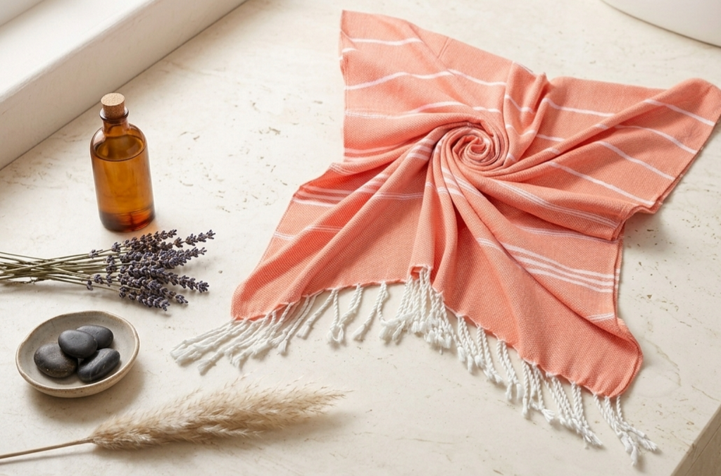 SOMA HOME Classic Turkish Striped Beach Towel in peach with white stripes, styled in a spiral on a stone surface.