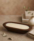 SOMA HOME Handcrafted Wooden Dough Bowl Candle with creamy natural soy wax, styled on a beige surface with a textured ceramic vase.