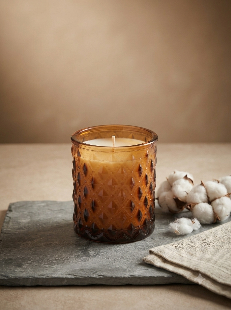 SOMA HOME Small 6 oz Fresh Cotton Scented Candle in a textured amber glass jar with a diamond pattern, styled on a gray slate tray next to cotton bolls.