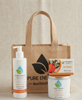 SOMA HOME Nourishing Balance Satsuma Gift Set featuring a natural soy candle, handmade bar soap, and all-purpose lotion in a brown jute tote bag.