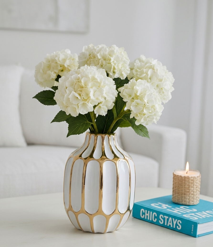 SOMA HOME Modern white and gold ceramic abstract bud vase filled with white hydrangea flowers, styled on a table next to a blue Chic Stays book and a lit candle.