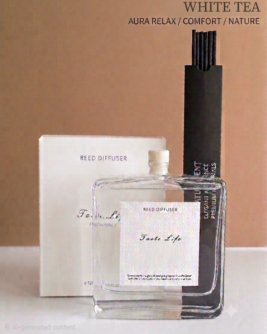 Aura Relax Comfort Nature Reed Diffuser in White Tea scent, featuring a clear glass bottle with a white label, a black reed holder, and its white packaging box against a warm beige background.